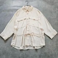 GU サテンブラウス ダブルポケット とろみ L ベージュ リボン付 1273H