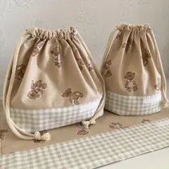 C336 お弁当袋 コップ袋 ランチョンマット くま＆うさぎ ハンドメイド