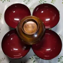 赤い木製汁椀5個セット