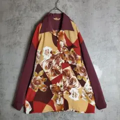 【ヴィンテージ】古着 オープンカラー 切り替え 総柄 花柄 紫 赤 茶色 レトロ