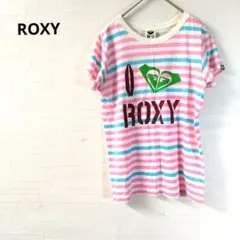 ROXY 　半袖 Tシャツ 　ストライプ　ピンク　カラフル　ロゴプリント　М