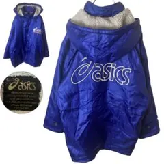 90s古着アシックスでかロゴ×裏ボア×ブルーナイロンベンチコートゆったりサイズ