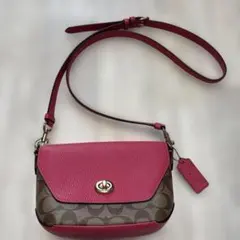 0120 COACH コーチ シグネチャー ワンショルダー ブラウン ピンク