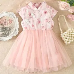ベビーワンピース チャイナドレスピンク花柄チュールワンピース2-3Y95サイズ位