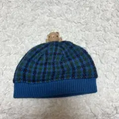 ファミリア　クマ付き　青緑チェック　ニット帽