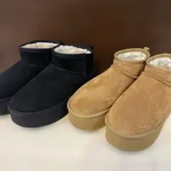 厚底ムートンブーツ　ブラック　キャメル　2足セット