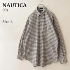 00s 美品 NAUTICA チェックBDシャツ L ベージュ 黒 ゆるだぼ