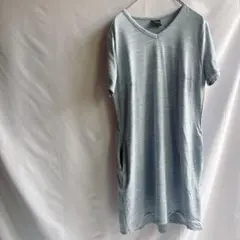 カットソーワンピース水色 杢 XL 裏パイル スエット Vネック