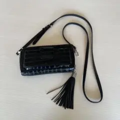 クロコダイル型押し黒お財布スマホショルダーバッグ