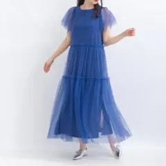 ⑦チュールティアードワンピース ブルー　フリーサイズ