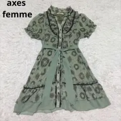 axes femme ワンピース 半袖 緑 グリーン 総柄 シフォン リボン紐