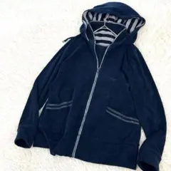 キャルオクルス パイル地ジップパーカー 裏ボーダー フーディ ネイビー