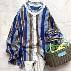 美品 ヌキテパ インド綿 ラメストライプ バンドカラーオーバーブラウス