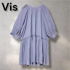 890 美品✨ViS ギャザー切替ワンピース チュニック風 七分袖 ブルー