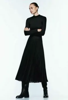 ZARA コントラスト プリーツ ミディワンピース ブラック　XL