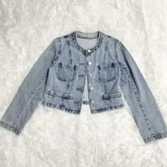 アニュアンス　ノーカラーデニムジャケット　ライトブルー