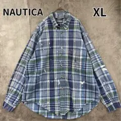 ノーティカ 青 長袖 シャツ XL ボタンダウン チェック柄 厚手【9573】