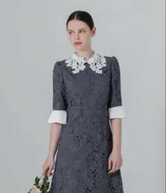 Sサイズ LEJA花柄レースカラースパンコール刺繍Aラインフレアドレスワンピース