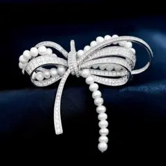 シルバー　スワロフスキー　天然真珠　ブローチ 　リボンブローチ
