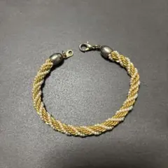 ヴィンテージ風 ゴールドカラー編み込みブレスレット パール装飾 中古品