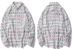 サイズM 麻雀 配牌 プリント 襟付き 長袖 シャツ 秋服 メンズ