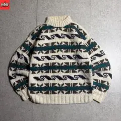 1007古着総柄ウール肉厚ニットメンズS〜Mノルディックネイティブ雰囲気系