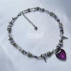 No.007 ♡ ハンドメイド ビーズネックレス ハート パープル