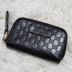 グッチ　コインケース　マイクロシマレザー　GG柄　ラウンドファスナー　ブラック