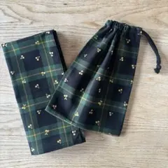 【ハンドメイド】給食袋・ランチマットセット　箔入り緑チェック　入学準備　女の子