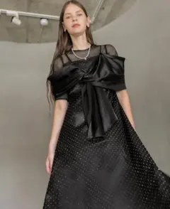 2WAY フロントリボンボレロストーンドット柄Aラインドレス ブラック
