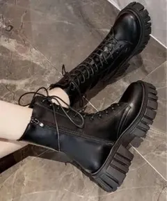 SHEIN ブーツ　レースアップ　サイドジッパー　ブラック 編み上げブーツ