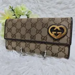 美品✨グッチ◇ラブリーハートフラップ長財布　キャンバスダークブラウンレザー