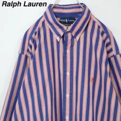 【ストライプシャツ】ラルフローレン BDシャツ 刺繍ロゴ ブルー 3XL相当