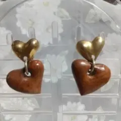 お値下げ♡ハート型ゴールドとウッド ビンテージ イヤリング ブラウン クリップ式