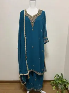 [L-07]パキスタン民族衣装　高品質　刺繍　コーティ+クルタセット　4ピース インド綿 クルタセットXLサイズ ピンク刺繍入り（綿100