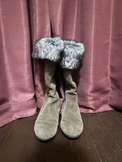 グレー スエード ロングブーツ ファー付き