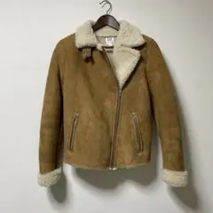 冬物処分SALE）フェイクムートン ボア ライダースジャケット キャメル