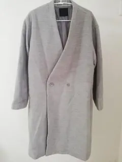 KBF ノーカラー ダブル チェスターコート ロングコート コート 灰 F