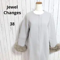 袖ボリューム　ファー付き　ノーカラーコート　ロング　ウール混　M　グレー　冬