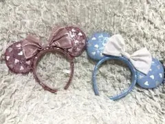 ミニーちゃん耳カチューシャ ハート柄スパンコールピンク ブルー