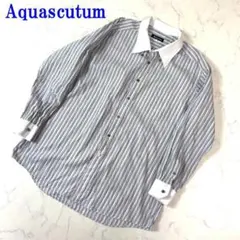 Aquascutum 長袖シャツ グレー 白 ストライプ 綿 L C2395