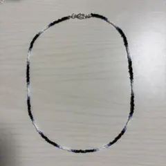ハンドメイド　ビーズネックレス　黒　青系　約43センチ