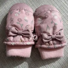 ピンク 花柄 リボン付き 雪遊び手袋