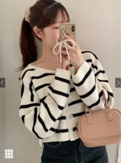 GRL ボーダー柄ショート丈ニットカーディガン ネイビー×アイボリー