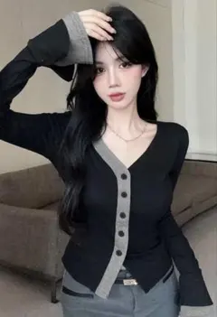 新品ブラック/グレー ボタン付き Vネック 長袖トップス