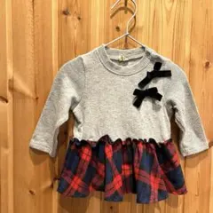 【プティマイン】ベビー服　80 ワンピース　リボン付　タータンチェック柄