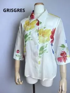 ノーブランド　コットン　ブラウス　シャツ　白　花柄　7分袖　レディース　涼しい