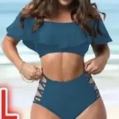 細見せ脚長効果 新品 ハイウエスト水着 セパレート S〜M相当 ブルー