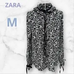ザラ ブラウス 花柄 モノトーン フリル リボン 長袖 M レトロ 新品