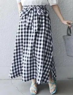 ships any黒と白のチェック柄リボン付きロングスカート